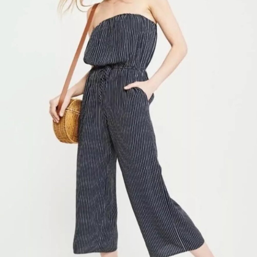 Abercrombie & Fitch Navy and White Strapless Pinstripe Jumpsuit